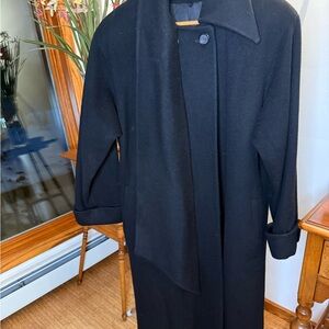 Vintage Christian Dior Classic Black Coat with attached scarf at collar. Size 8